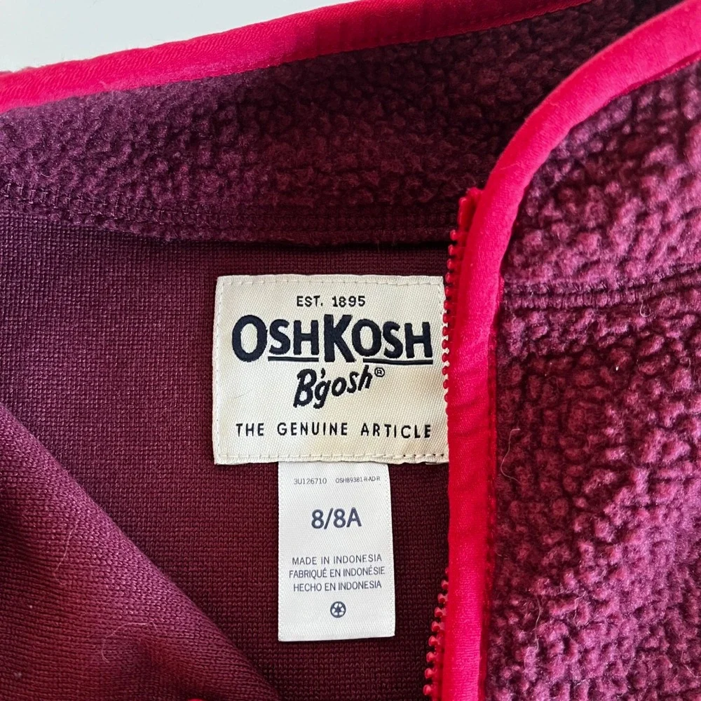 OshKosh Bgosh Girls Sherpa Fleece Jacket Burgundy Pink Heart Full Zip Size 8 8A